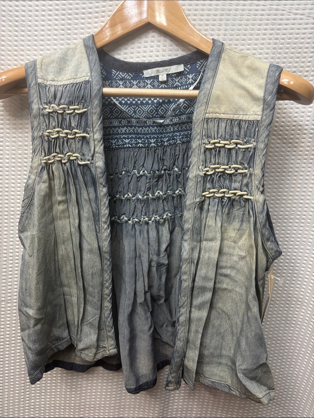 Miss Me denim Boho vest Smocked Denim-Effect Sleeveless Faded Blue Sz medium